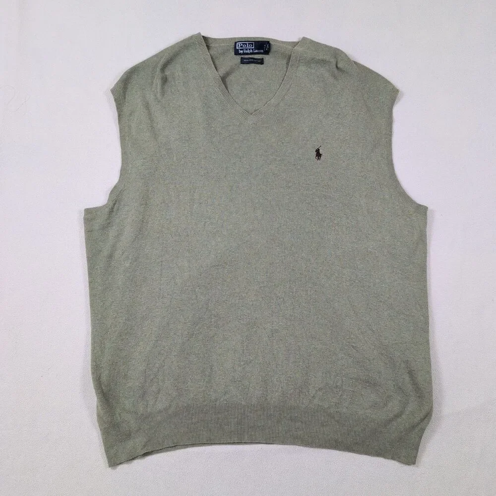 Vtg Polo Ralph Lauren Sweater Vest 3XLT Tall Green Pima Cotton V Neck Pony Logo